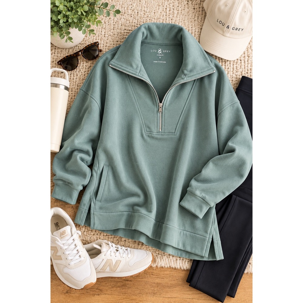 Lou & Grey Scubasoft Oversized Half Zip Pullover Sage Green Size M